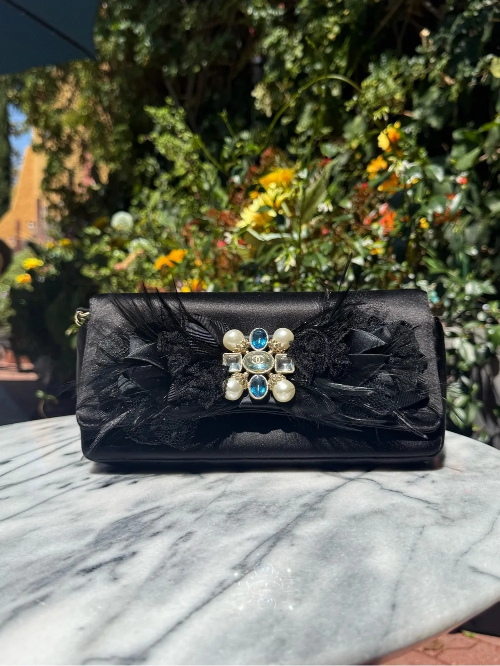 NWT Chanel Pearl, Feathers and Jewel Embellished Black Satin Evening Clutch